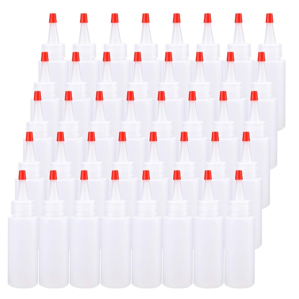 Bekith 40 Pack 2 oz Plastic Squeeze Condiment Bottles with Red Tip Caps, Small Empty Refillable Bottles for Icing, Cookie Decorating, Sauces, Condiments, Arts, Crafts