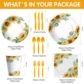 APOWBLS Sunflower Plates And Napkins Set, Sunflower Party Supplies For Birthday, Bridal Shower, Baby Shower, Paper Plate, Cup, Napkin, Cutlery, Sunflower Party Decorations Tableware, Serves 24