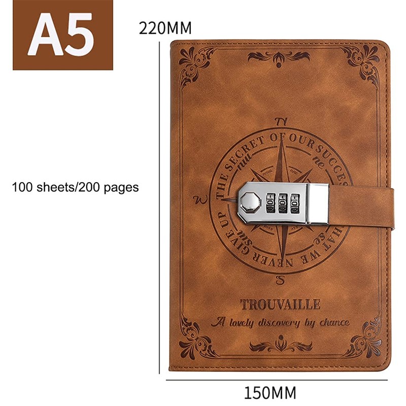WANLIAN Nautical Pattern Brown Leather Lockable Journal with Pen Pocket