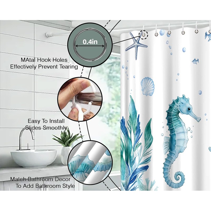 Coastal Seahorse Shower Curtain Nautical Fish Coral Seashell Starfish Beach
