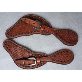LEATHERRIDE Adults Tooled Leather Spur Straps w/Silver Studs Hardware and Buckle New Horse TACK(Tan)