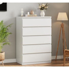 Jocoevol Modern White 5 Drawer Dresser for Bedroom, Simply Chest of Drawers, Wood Storage Dresser with Deep Drawers for Living Room Hallway Entryway, White