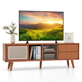 Tangkula Mid Century Modern TV Stand for TVs up to 65", Bamboo Entertainment Center w/Glass & PE Rattan Sliding Doors, 2 Drawers, Adjustable Shelf, Wood Legs, Media Console (Bamboo 2-Walnut)
