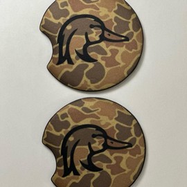 Old School Brown Camo Wood Duck Car Coasters, Set of Two, Car Cup Holder