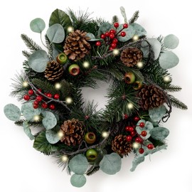 Valery Madelyn 46 cm Christmas Wreath Door Wreath Christmas Front Door Wreath Red Green Christmas Door Wreath with Lighting Lights and Pine Cones, Berries for Christmas Decoration