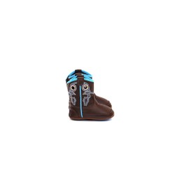 TWİSTER Hudson Baby Bucker Boots, Brown with White and Blue Stitched Pattern, Velcro Closure for Easy Wear, Infant Size 4