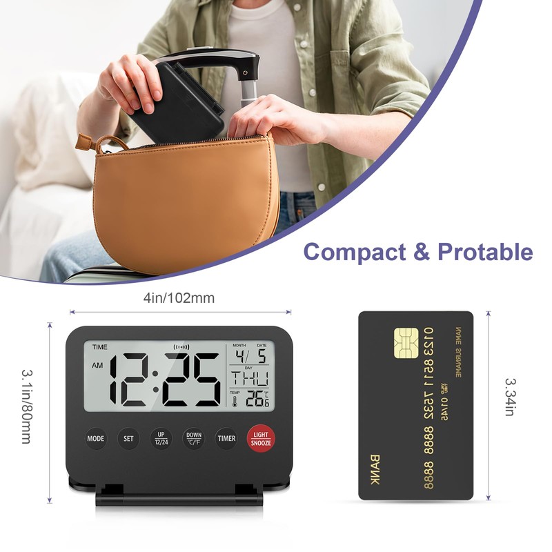 OQIMAX Digital Travel Alarm Clock, Battery Powered LCD Alarm Clock