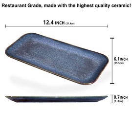 jinsongdafa Ceramic Dinner Plates Dish Set,Set of 4, for Lunch snacks - Microwave, Oven & Dishwasher Safe,Scratch Resistant, Dinnerware Kitchen Porcelain Serving Dishes,Blue 12.4 Inch Rectangle plate