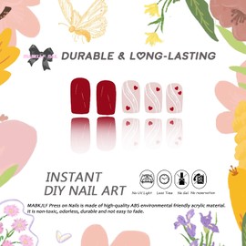 Valentines Press on Nails Medium Square MABKJLF Red Fake Nails False Nails with Red Heart Gold Glitter Swirl Designs Glossy Glue on Nails Valentine's Day Acrylic Nails for Women Girls 24 Pcs