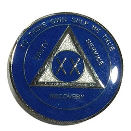 1 Year AA Medallion - Alcoholics Anonymous Blue & Silver Glitter Bling Sobriety Chip,Token, Coin