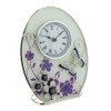 Beautiful 'Juliana,' oval, glass, clock decorated with purple flowers, crystals