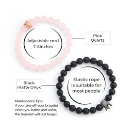 POSHFEEL 8mm Natural Stone CZ Micro Pave Crown King Queen Beads His and Hers Couple Bracelet, 7.5" (Black&Pink)
