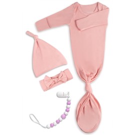 Vestido anudado con sombrero y diadema y clip, Clip rosa suave y morado, Newborn-3 Month
