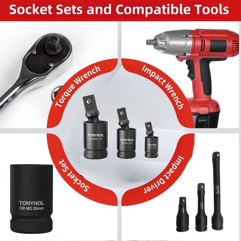 TONYNOL 3 Pcs Universal Joint Swivel Socket Adapter Set 1/4",3/8"&
