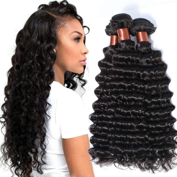 BLACKMOON HAIR Brazilian Virgin Human Hair Deep Wave 3 Bundles Unprocessed Human Hair Deep Curly Hair Natural Black 20" 20" 20" 20" 20"