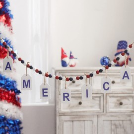 American Independence Day Beaded 4th of July Decorations USA Pendant Red White Blue Patriotic Wood Bead Garland for Memorial Independence Day Party Decor Home School Shop Wall Window Art Decorations