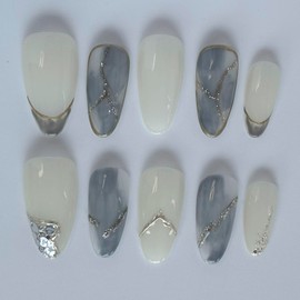 FTmoonie Nail Tips Nail Stickers Press-on Nails 10-Piece Set, DIY Nail Stickers, Long, Gray, Birthday Gift, Daily Use, Work