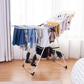 Salches Clothes Drying Rack, Foldable Clothing Shelf w/2 Adjustable Wings & 19 Hanging Rods, Space-Saving Laundry Drying Rack with Shoe Hangers, Ideal for Home Use
