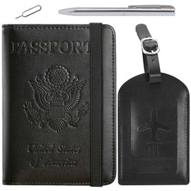 Passport Holder With Luggage Tag Travel Essentials Passport Cover Wallet RFID Blocking Leather Case International Must Haves Travel Accessories Women Men(115#Black)
