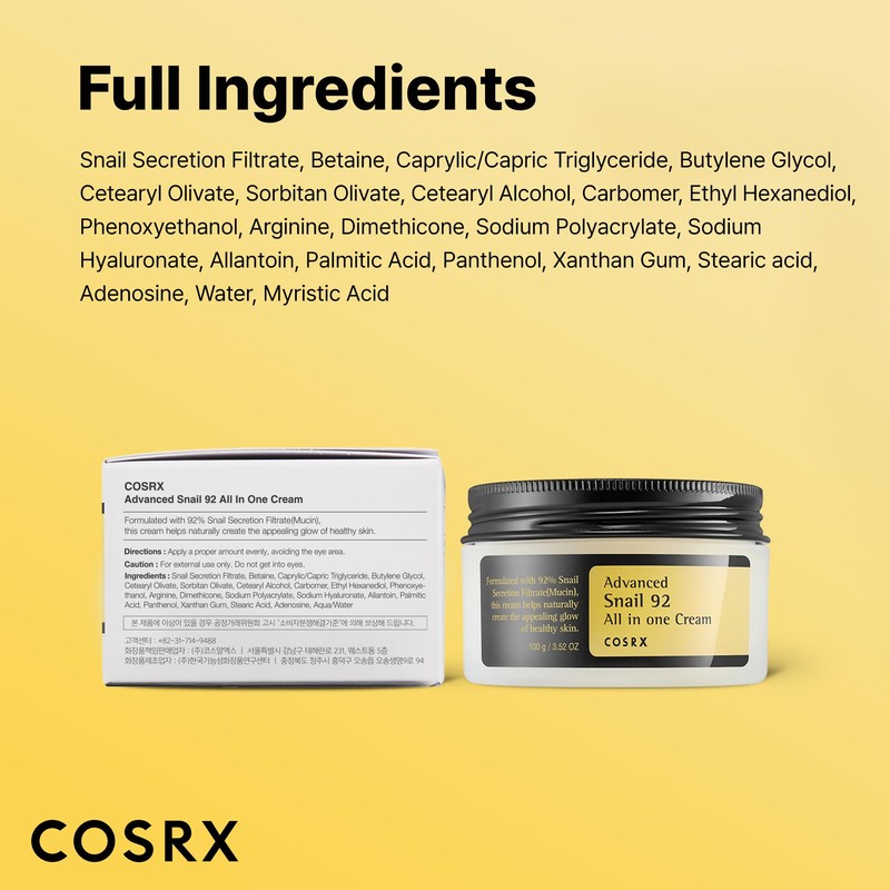 COSRX Snail Mucin 92% Face Moisturizer, 3.52 Oz, Lightweight Moisturing