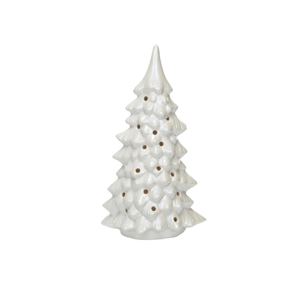 Creative Co-Op Stoneware LED Tree with Cut-Outs and Iridescent Finish,