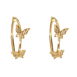 Double CZ Butterfly Dangle Hoop Earrings for Women Girls Cubic Zirconia Big Gold Hoops Click Top Lever-back Clasp Earring Dainty Huggie Mother's Day Christmas Jewelry for Wedding Party Prom