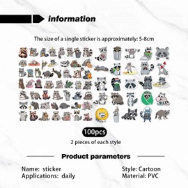 Pack of 100 Small Raccoon Stickers, Cartoon Animal Stickers, Cute Stickers, Kids Graffiti Stickers, Waterproof Stickers, Notebooks etc. Can be used