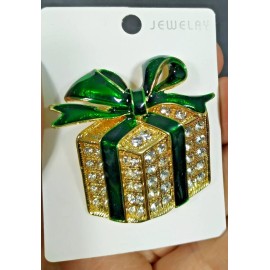Unbranded Box Green Crystal Rhinestone and Enamel Bowknot Brooch Pin with Gold Bag