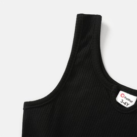 PATPAT Rompers Cotton Black and Green Spliced Belted Tank Sleeveless Jumpsuit for Mom and Me Toddler Girl 2 Years