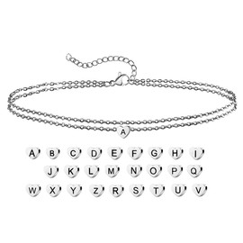 Personality 26 Letters Double Layer Anklet Simple Beach Stainless Steel Love Pendant Foot Ornament Birthday Party Gift for Women Girls, Stainless Steel