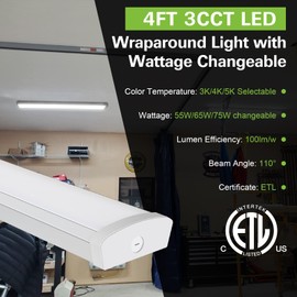 4FT LED Flush Mount Wraparound Light, with 3 Wattages/3 Lumens/3 CCT Selectable, 55W/65W/75W, 5500lm/6500lm/7500lm, 3000K/4000K/5000K, 4 Foot LED Wraparound Light Fixture for Garage, Office, ETL