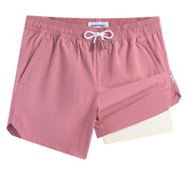 maamgic Mens Swim Trunks 5" with Compression Liner Stretch Quick Dry Swim Shorts Swimming Trunks Bathing Suits Peach Pink and Beige X-Small