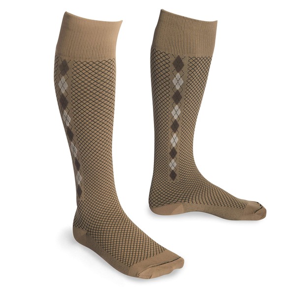 EvoNation USA Made Men & Women Quilted Mini Argyle Graduated Compression Socks 15-20 mmHg Medical Quality Knee High Orthopedic Pressure Support Stockings Hose - Best Fit Comfort Top (Medium, Tan)
