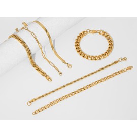 AWARDSEN 6 Pcs Gold Bracelets for Men Stainless Steel Gold Bracelet Cuban Link Chain Bracelet Valentine's Day Jewellery Gift for Men Him Dad Boyfriends Husband 7.5"