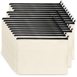 KOOLMOX Canvas Pouch with Zipper Bulk, 30 pcs 9x7'' Cosmetic Bag Multipurpose Makeup Bag Canvas Bag Large Travel Toiletry Pouch DIY Craft Bag Purse Bags Pencil Bag, Blank Beige Bag with Black Zip