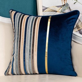 Blue Throw Pillow Cover 20x20 inch Velvet Cushion Covers Gold Leather Cushion Case Striped Patchwork Throw Pillow Case for Living Room Home Decoration Sofa Couch Bedroom Pillowcase 50x50cm