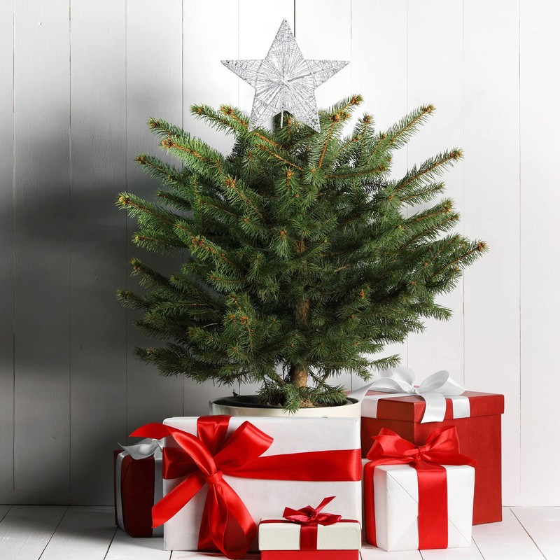 Geviro Silver Christmas Tree Star Topper Metal Glittered Xmas Tree