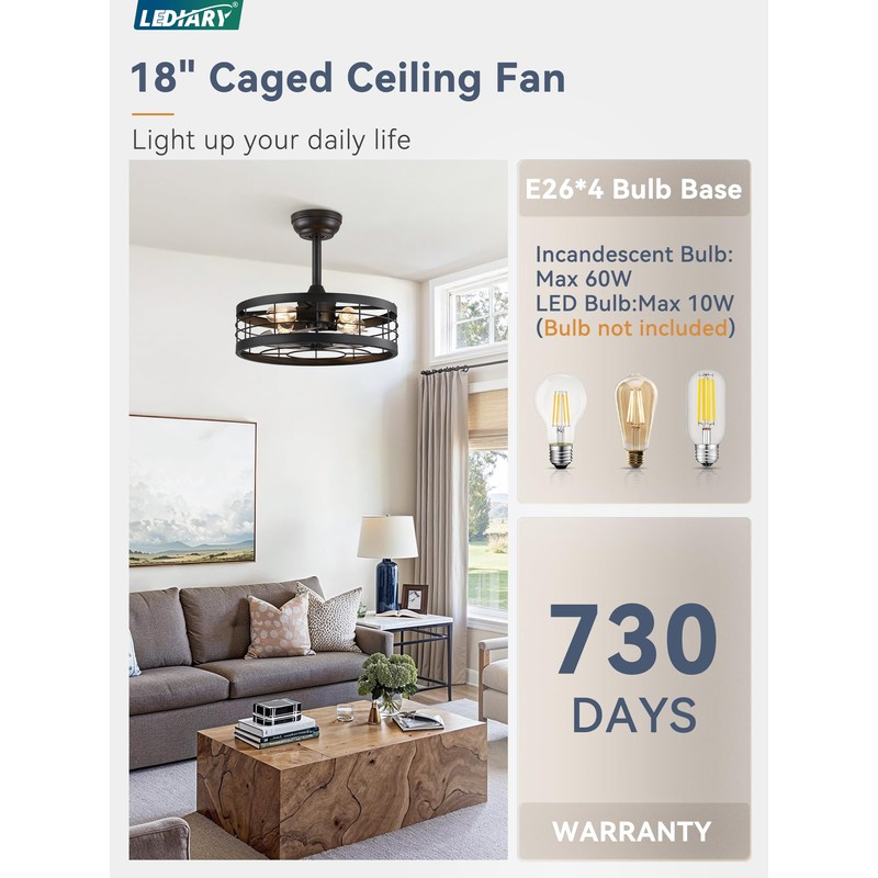 LEDIARY 18 inch Black Caged Ceiling Fan with Light, Bladeless