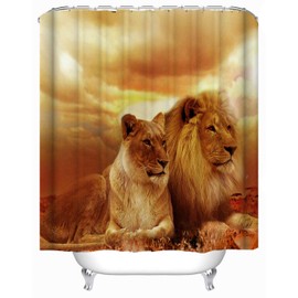 hipaopao African Animal Lion Couple Fabric Shower Curtain Sets Bathroom Decor with Hooks Waterproof Washable 72 x 72 inches Brown and Yellow