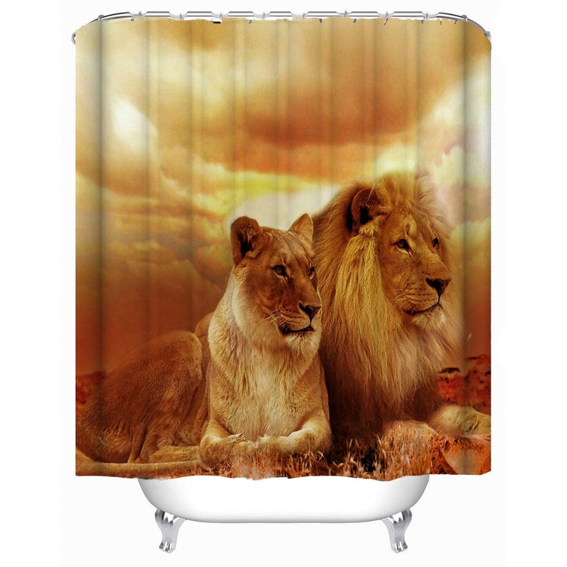hipaopao African Animal Lion Couple Fabric Shower Curtain Sets Bathroom