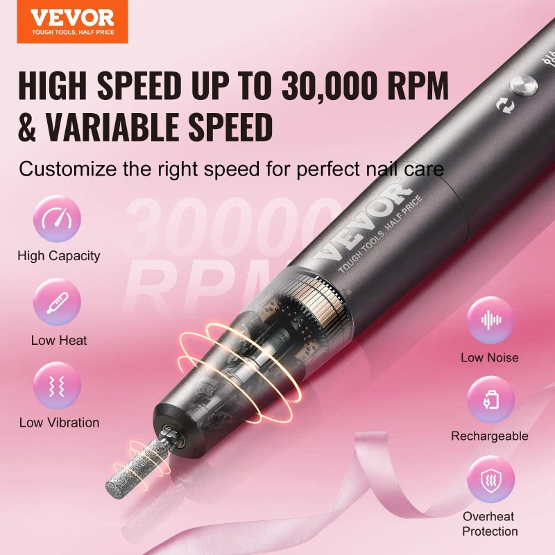 Portable Electric Nail Drill 30000Rpm Brushless Motor Rechargeable US Plastic