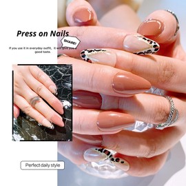 Short Almond French Tips Press on Nails Gold Glitter Striped False Nails with Leopard Print Designs Brown Full Cover Glue on Nails Removable Acrylic Stick on Nails For Women 24 Pcs
