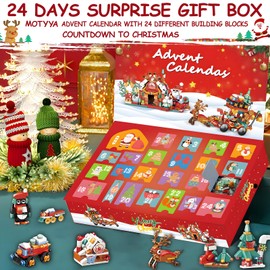 MOTYYA Christmas Building Blocks Advent Calendar 2025, Christmas Reindeer Sleigh Building Set 24 Days Surprises Advent Countdown Gift Box for Kids 6-12 Year, Xmas Santa Elk Sleigh Block STEM Toys Age 6+
