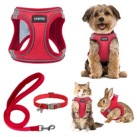 GAMUDA Small Pet Harness Collar and Leash Set, Step in No Chock No Pull Linen Fabric Soft Mesh Dog Vest Harnesses Reflective for Dogs Puppy Cats Kitten Rabbit (Red, S)