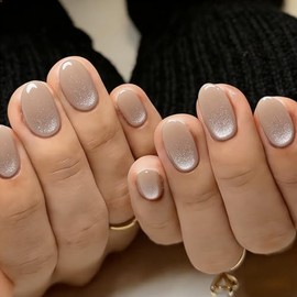 Uñas postizas cortas ovaladas color beige nude con efecto ojo de gato, uñas postizas con acabado cromado brillante, uñas postizas cortas de gel con pu
