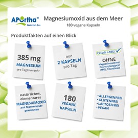 APOrtha® marine magnesium, 180 vegan capsules, natural magnesium from the sea, dietary supplement magnesium without additives, magnesium oxide 700 mg, of which 385 mg elemental magnesium