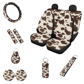 Annejudy Brown Cow Print Car Accessories Car Seat Cover for Women Men Cow Steering Wheel Cover Car Cup Holders Keyring Seat Belt Pads Wrist Strap Lip Balm Sleeve Keychain for Most Car, SUV, 12pcs Set
