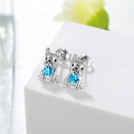 French Bulldog Earrings 925 Sterling Silver Cute Dog Stud Earrings Animal Jewelry Gifts for Women (March Birthstone)