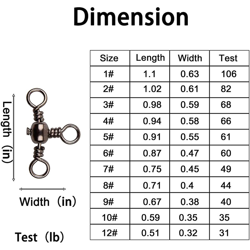 Three 3 Way Barrel Fishing Swivels Cross-Line - 60pcs T-Turn