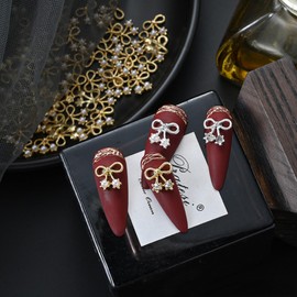 10PCS Bow Nail Charms 3D Bowknots Gold Nail Charms Alloy Nail Bows Luxury Pearl Bow Tie Nail Gems Charms Valentines Nail Art Accessories Cute Diamonds Rhinestones Nail Decoration for Women DIY Crafts